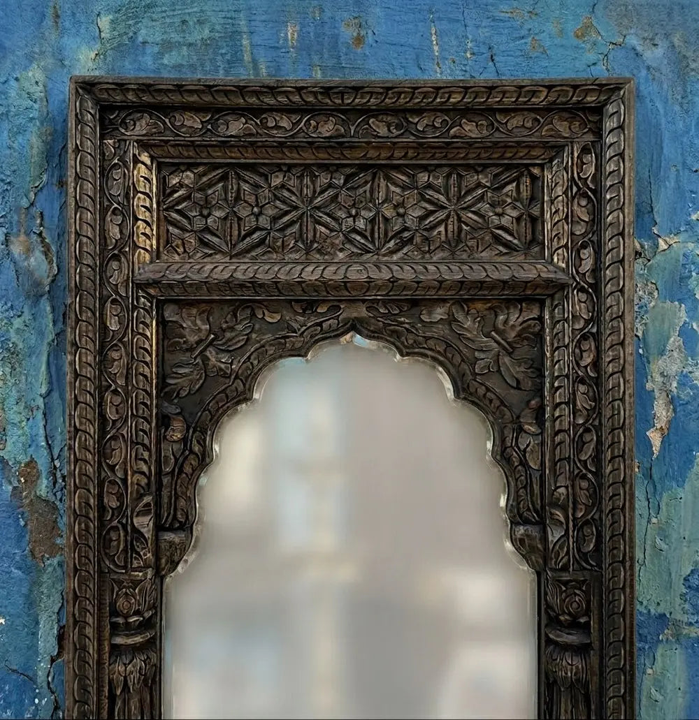 the heritage arch: vintage-style distress black wooden jharokha