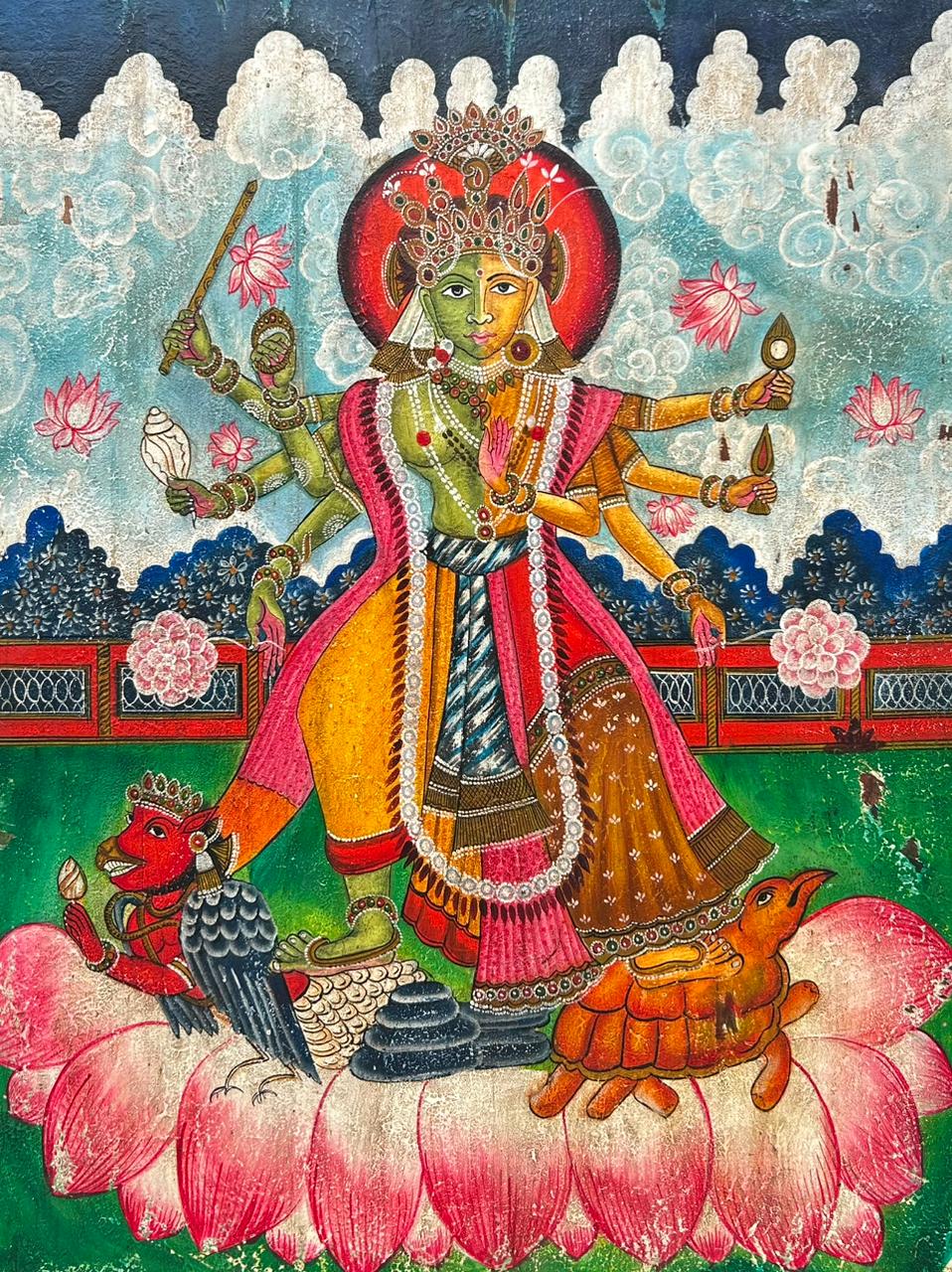 hand-painted lakshmi-vishnu ardh swaroop vintage style wooden wall art