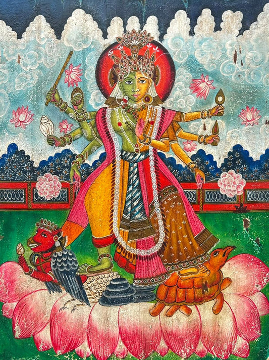 Hand-Painted Lakshmi-Vishnu Ardh Swaroop Vintage Style Wooden Wall Art
