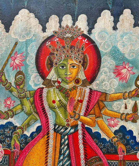 Hand-Painted Lakshmi-Vishnu Ardh Swaroop Vintage Style Wooden Wall Art