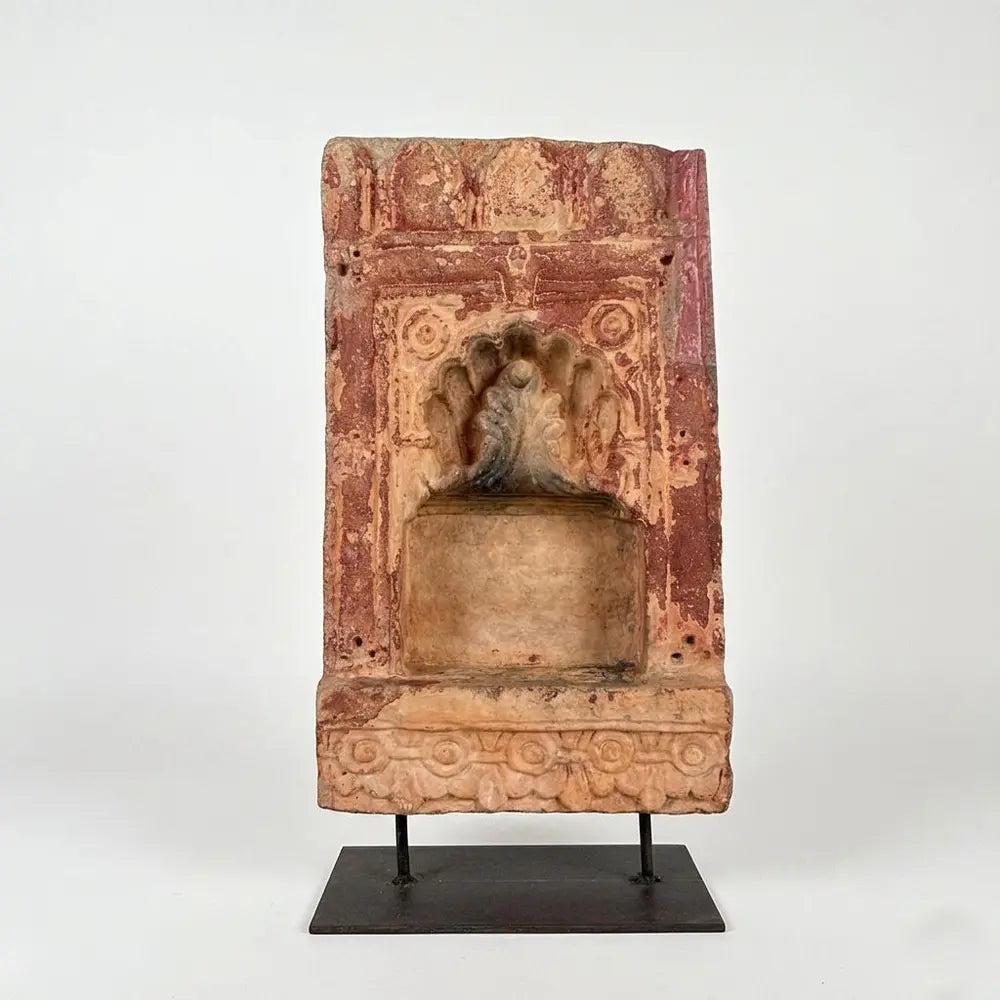 antique hand-carved terracotta sandstone wall niche fragment on custom iron stand