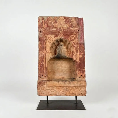 Antique Hand-Carved Terracotta Sandstone Wall Niche Fragment on Custom Iron Stand