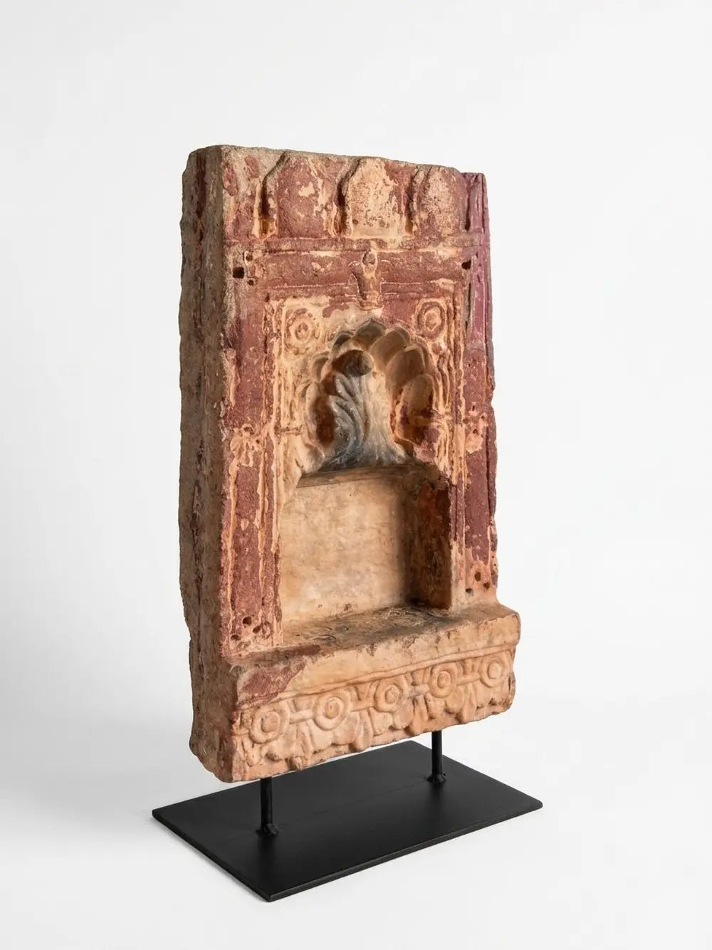 antique hand-carved terracotta sandstone wall niche fragment on custom iron stand