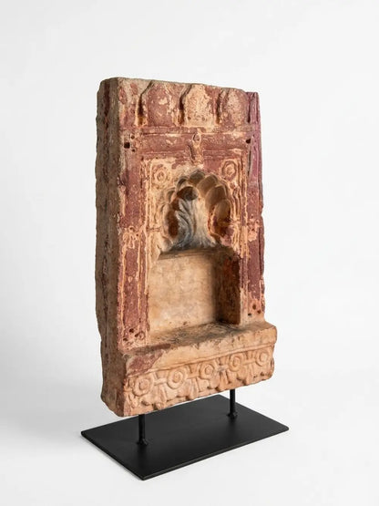 Antique Hand-Carved Terracotta Sandstone Wall Niche Fragment on Custom Iron Stand