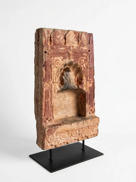 Antique Hand-Carved Terracotta Sandstone Wall Niche Fragment on Custom Iron Stand