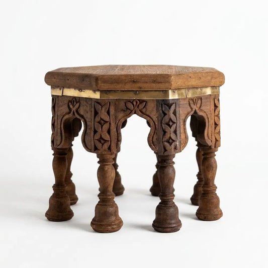 Hand-Carved Octagonal Wooden Bajot Stool - Traditional Rajasthani Chowki for Home Decor