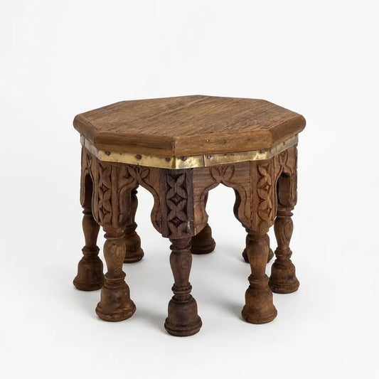Hand-Carved Octagonal Wooden Bajot Stool - Traditional Rajasthani Chowki for Home Decor