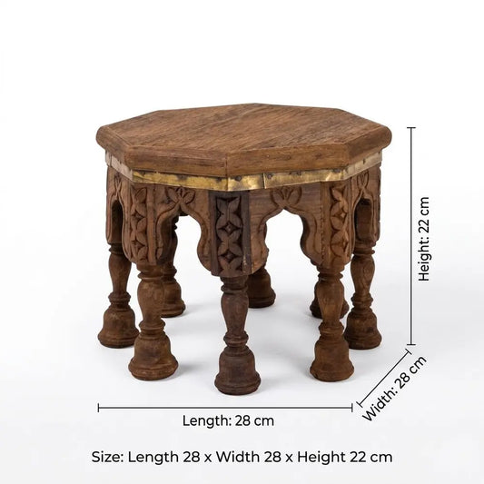 Hand-Carved Octagonal Wooden Bajot Stool - Traditional Rajasthani Chowki for Home Decor