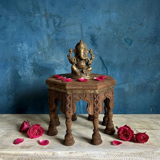 Hand-Carved Octagonal Wooden Bajot Stool - Traditional Rajasthani Chowki for Home Decor