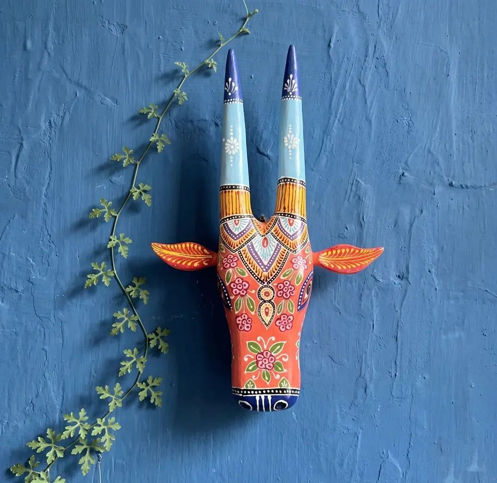 hand-painted wooden cow head wall decor