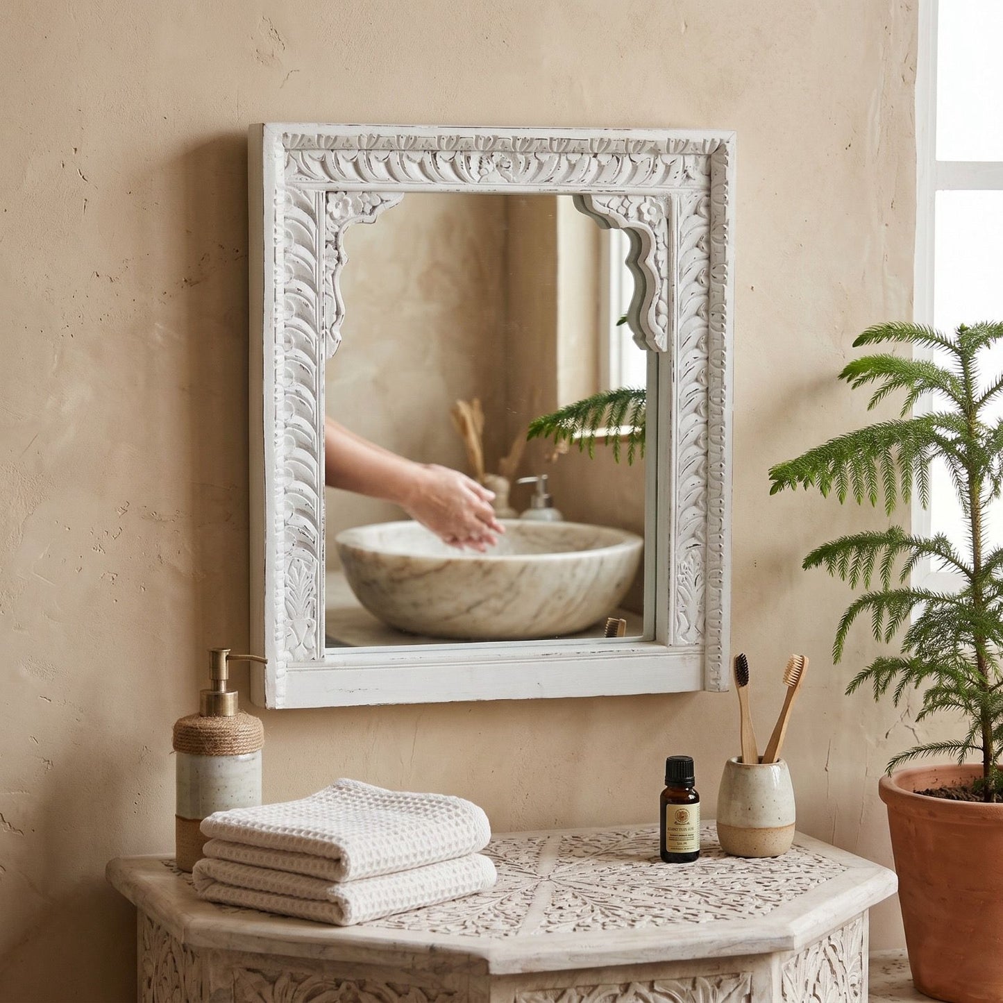 white wash shekhawati hand-carved reclaimed wood mirror frame