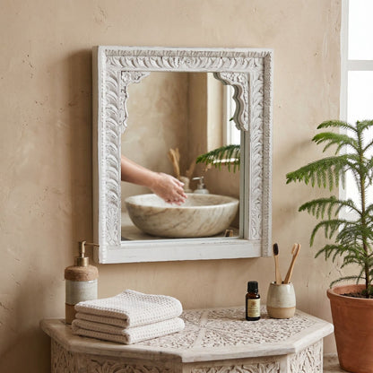 White Wash Shekhawati Hand-Carved Reclaimed Wood Mirror Frame