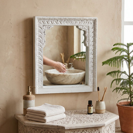 White Wash Shekhawati Hand-Carved Reclaimed Wood Mirror Frame