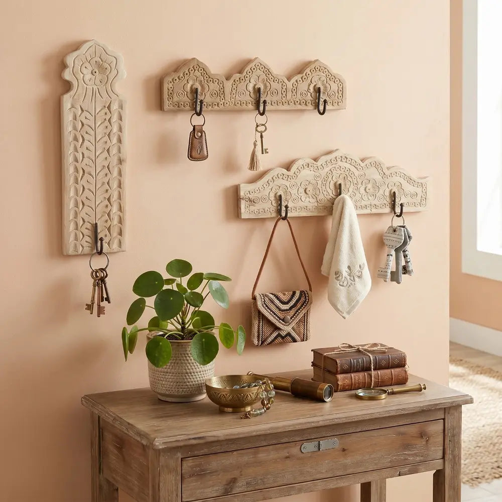 decorative wooden wall hook set of 3 | rustic bleached finish