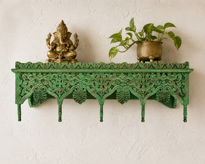 Hand-Carved Vintage Style Mango Wood Wall Shelf | Distressed Green Finish