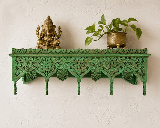 Hand-Carved Vintage Style Mango Wood Wall Shelf | Distressed Green Finish