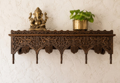 Handcrafted Wooden Wall Shelf with Intricate Floral Carving | Rustic Brown Wall Mounted Display Shelf | Home Decor Storage Shelf