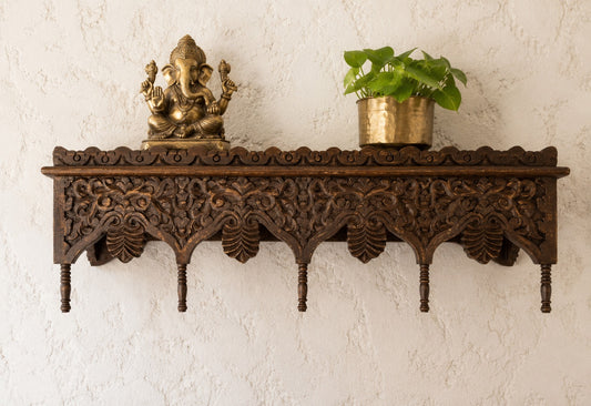 Handcrafted Wooden Wall Shelf with Intricate Floral Carving | Rustic Brown Wall Mounted Display Shelf | Home Decor Storage Shelf