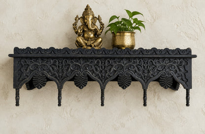 Hand Carved Wooden Wall Shelf – Dark Blue Rustic Floating Wall Shelf for Living Room, Bedroom & Entryway