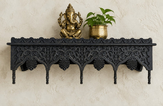 Hand Carved Wooden Wall Shelf – Dark Blue Rustic Floating Wall Shelf for Living Room, Bedroom & Entryway