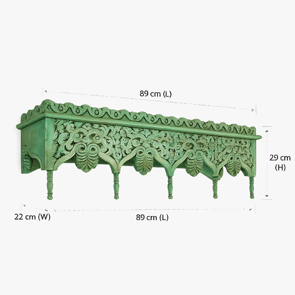 hand-carved vintage style mango wood wall shelf | distressed green finish
