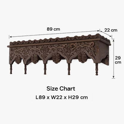 Handcrafted Wooden Wall Shelf with Intricate Floral Carving | Rustic Brown Wall Mounted Display Shelf | Home Decor Storage Shelf