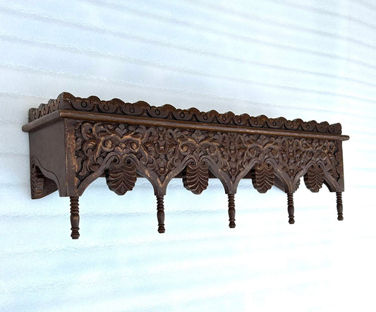 Handcrafted Wooden Wall Shelf with Intricate Floral Carving | Rustic Brown Wall Mounted Display Shelf | Home Decor Storage Shelf