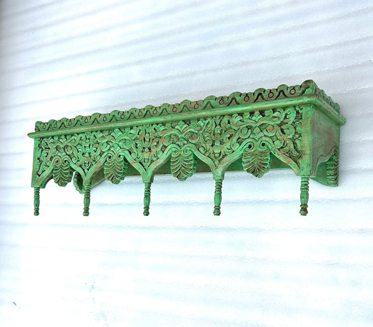 Hand-Carved Vintage Style Mango Wood Wall Shelf | Distressed Green Finish