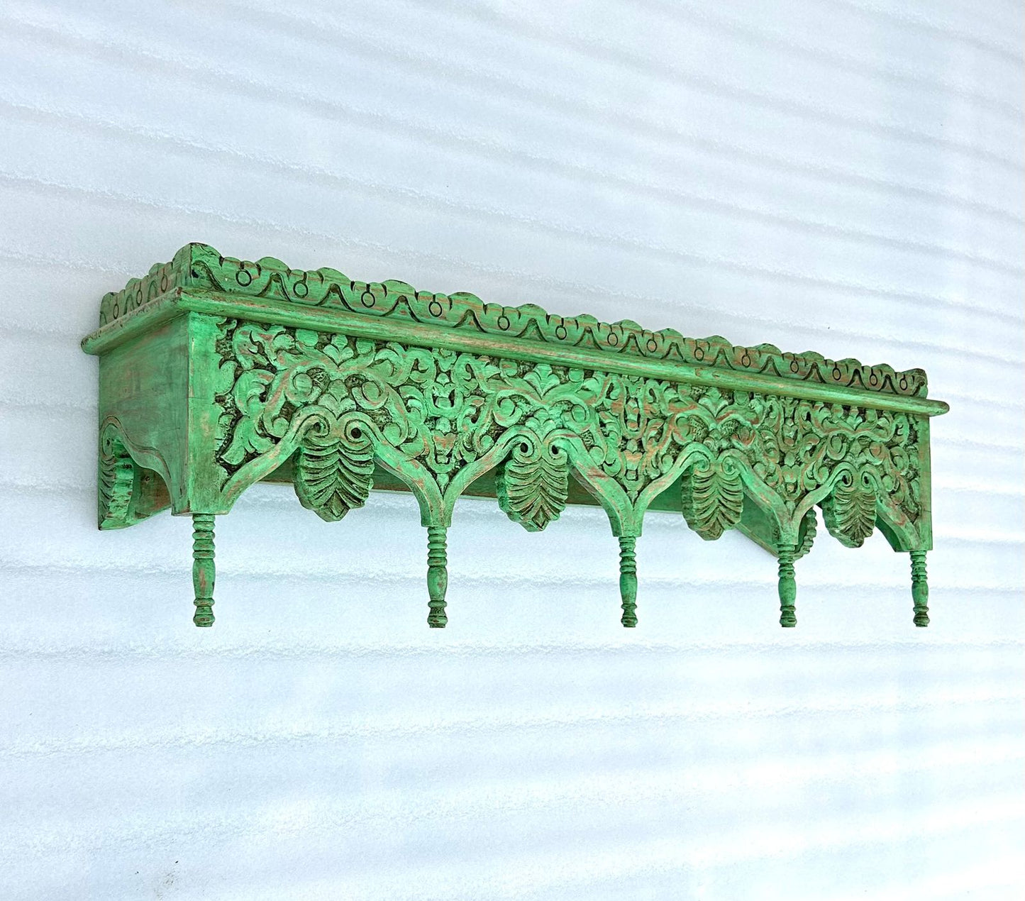 hand-carved vintage style mango wood wall shelf | distressed green finish