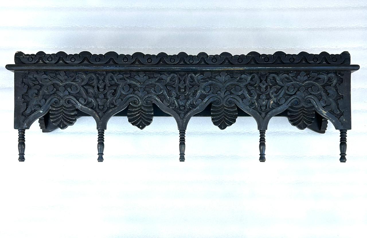 hand carved wooden wall shelf – dark blue rustic floating wall shelf for living room, bedroom & entryway