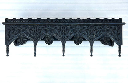 Hand Carved Wooden Wall Shelf – Dark Blue Rustic Floating Wall Shelf for Living Room, Bedroom & Entryway