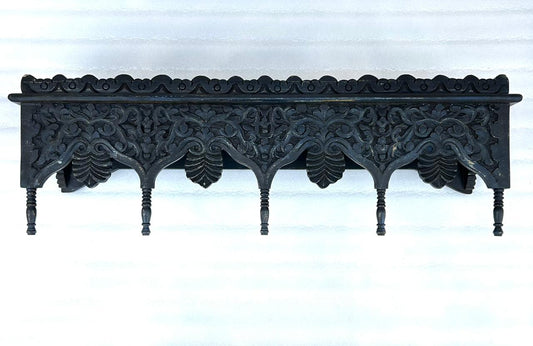 Hand Carved Wooden Wall Shelf – Dark Blue Rustic Floating Wall Shelf for Living Room, Bedroom & Entryway