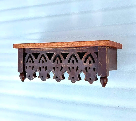 Handcrafted Mango Wood Wall Shelf | Vintage Style Carved Floating Shelf for Home Decor