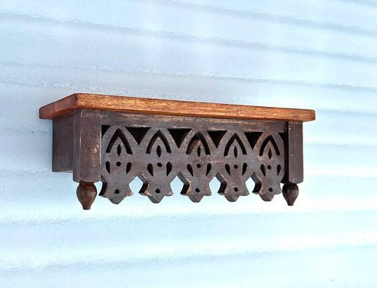 Handcrafted Mango Wood Wall Shelf | Vintage Style Carved Floating Shelf for Home Decor