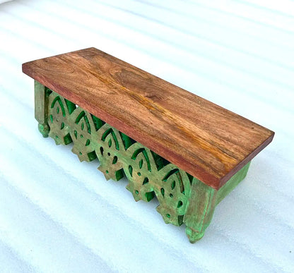 Hand-Carved Mango Wood Wall Shelf - Distressed Green Traditional Floating Shelf