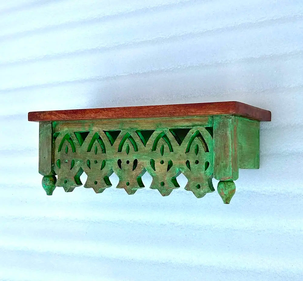 hand-carved mango wood wall shelf - distressed green traditional floating shelf