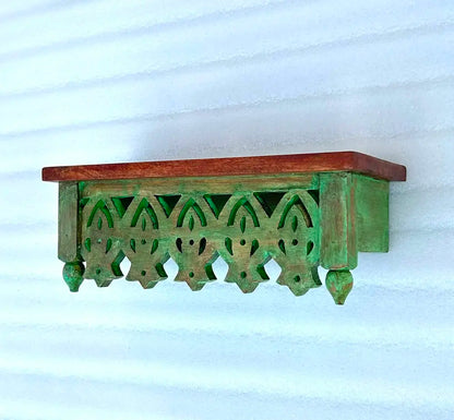 Hand-Carved Mango Wood Wall Shelf - Distressed Green Traditional Floating Shelf