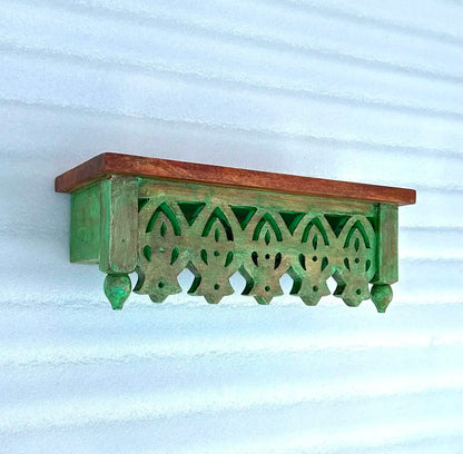 Hand-Carved Mango Wood Wall Shelf - Distressed Green Traditional Floating Shelf
