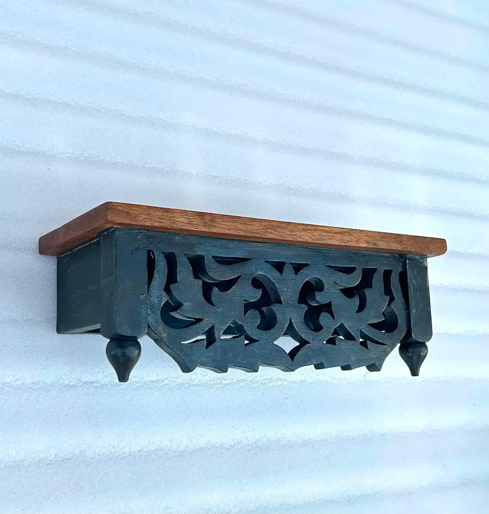 hand-carved mango wood wall shelf - distressed blue traditional floating shelf for home decor