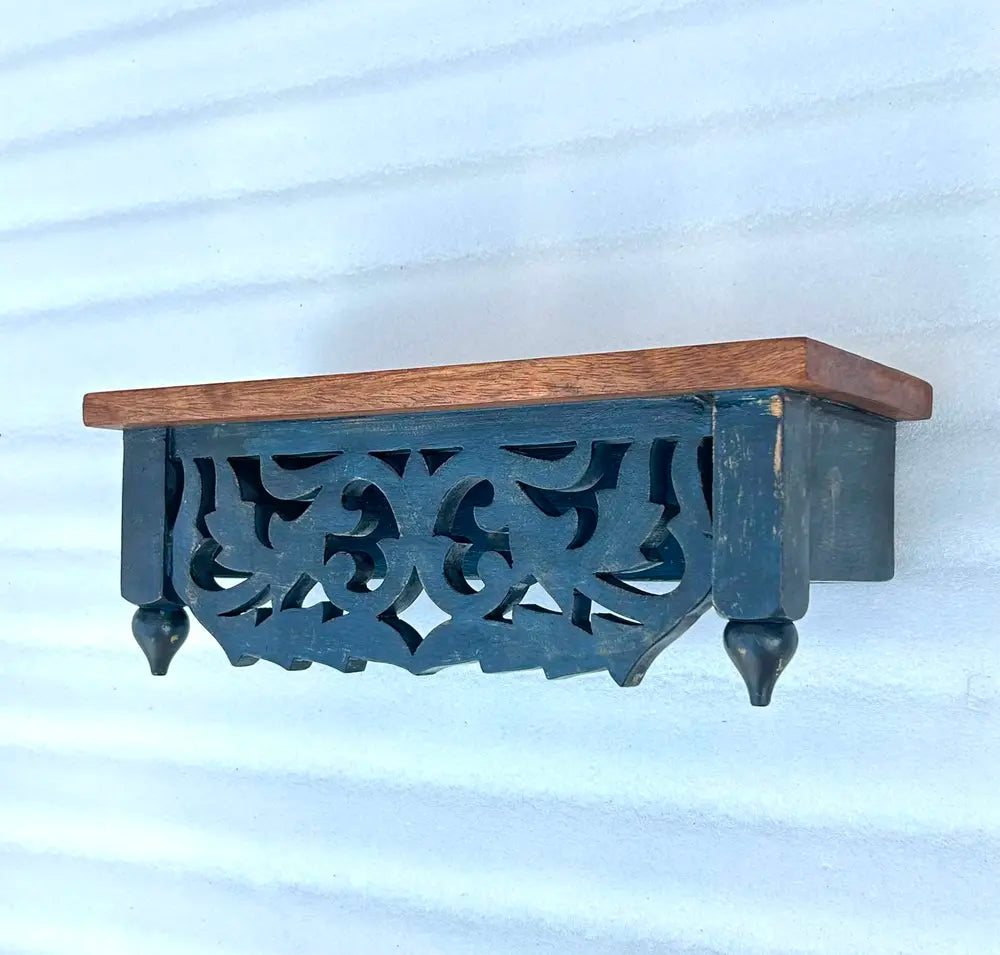 hand-carved mango wood wall shelf - distressed blue traditional floating shelf for home decor