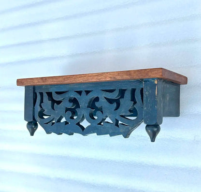 Hand-Carved Mango Wood Wall Shelf - Distressed Blue Traditional Floating Shelf for Home Decor