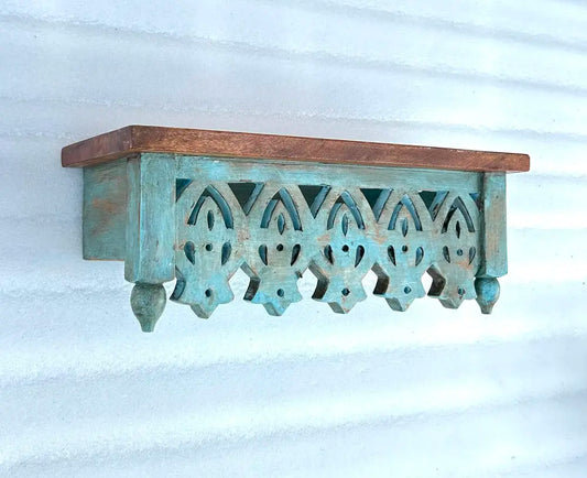 Handmade Vintage Mango Wood Wall Shelf | Antique Teal Carved Floating Shelf for Home Decor