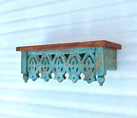 Handmade Vintage Mango Wood Wall Shelf | Antique Teal Carved Floating Shelf for Home Decor