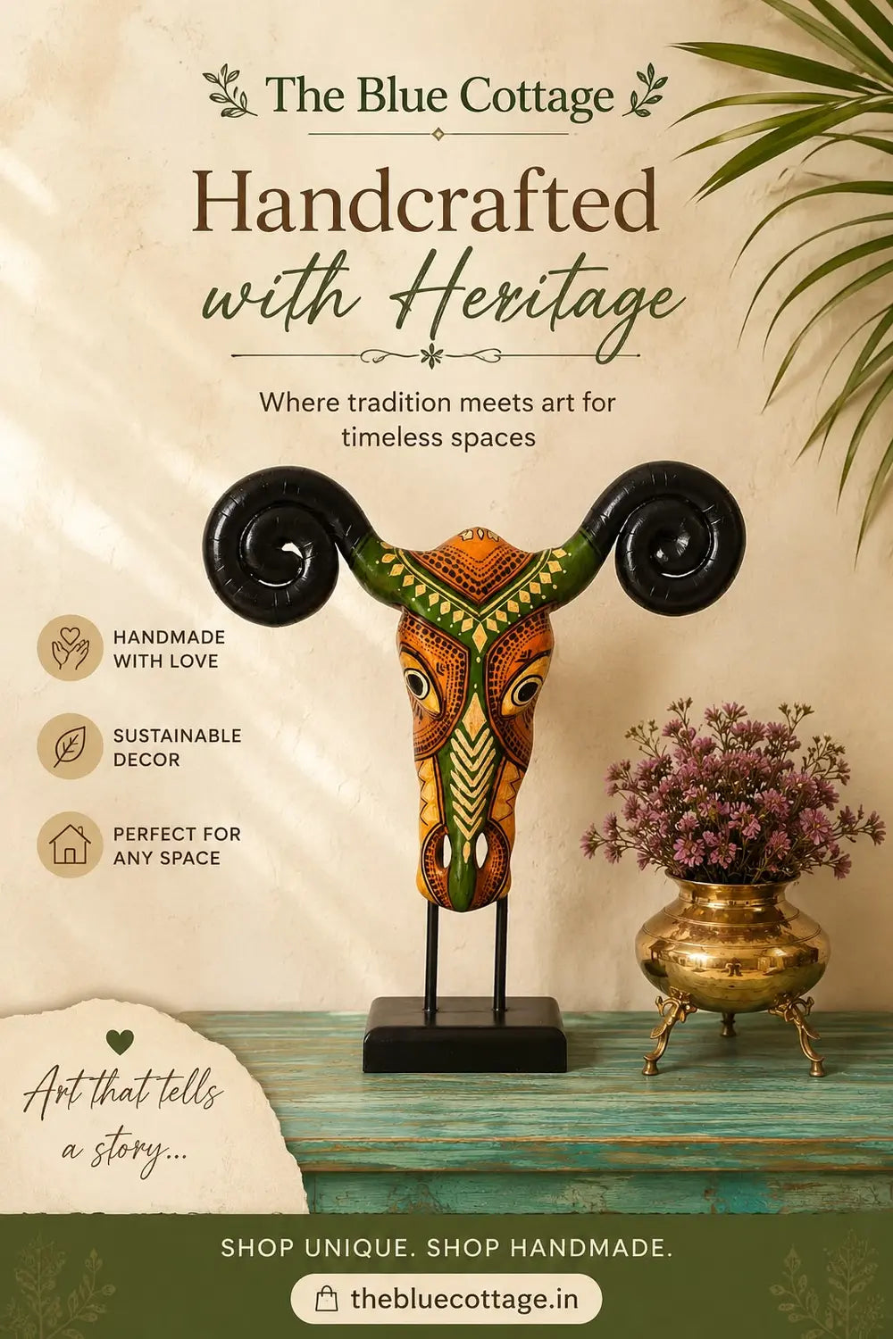 hand-painted wooden ram skull sculpture on stand | mango wood decorative table accent | rustic home decor
