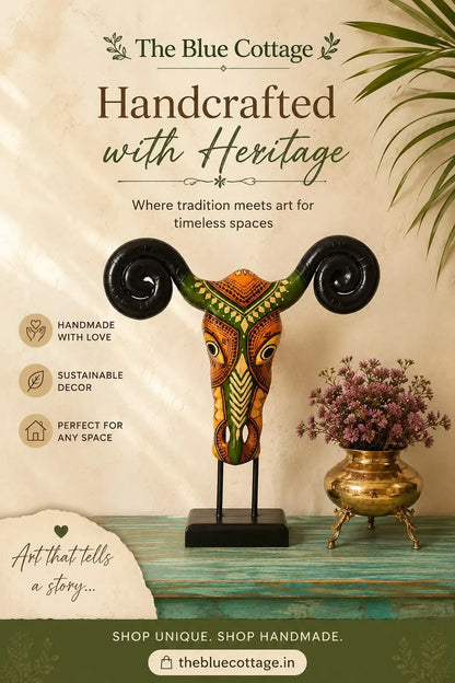 Hand-Painted Wooden Ram Skull Sculpture on Stand | Mango Wood Decorative Table Accent | Rustic Home Decor