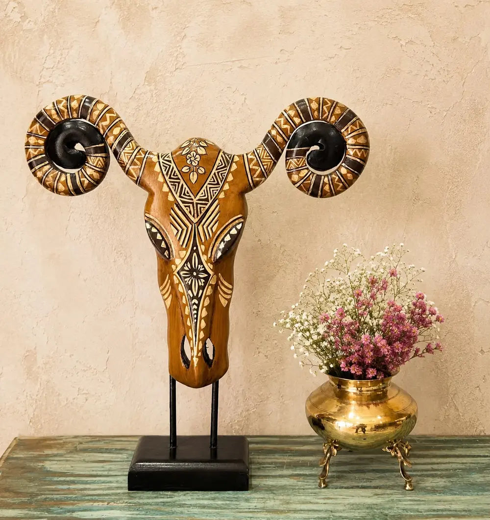 hand painted wooden ram skull sculpture on stand