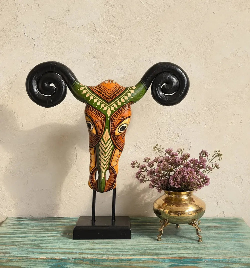 hand-painted wooden ram skull sculpture on stand | mango wood decorative table accent | rustic home decor
