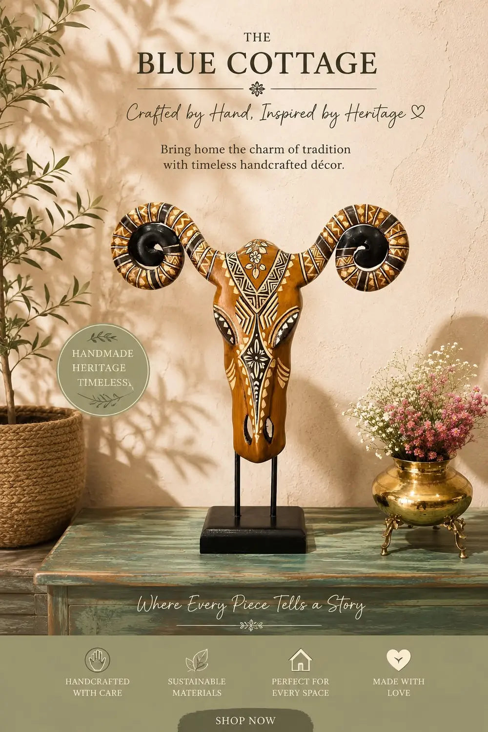 hand painted wooden ram skull sculpture on stand