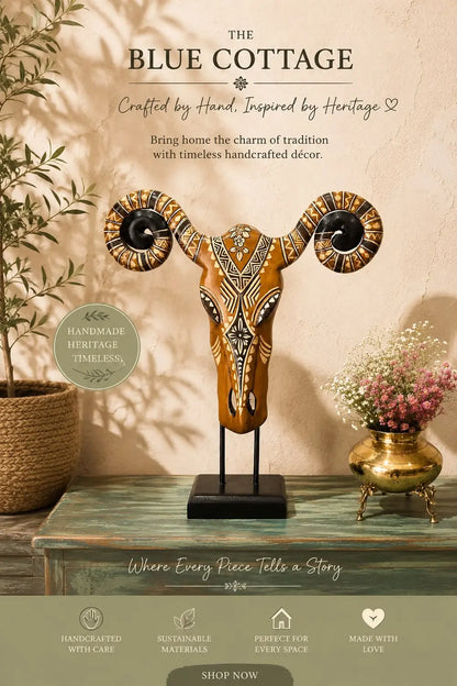 Hand Painted Wooden Ram Skull Sculpture on Stand
