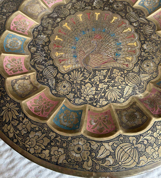 Vintage-Style Hand-Etched Brass Plate for Wall Decor | Floral & Peacock Design